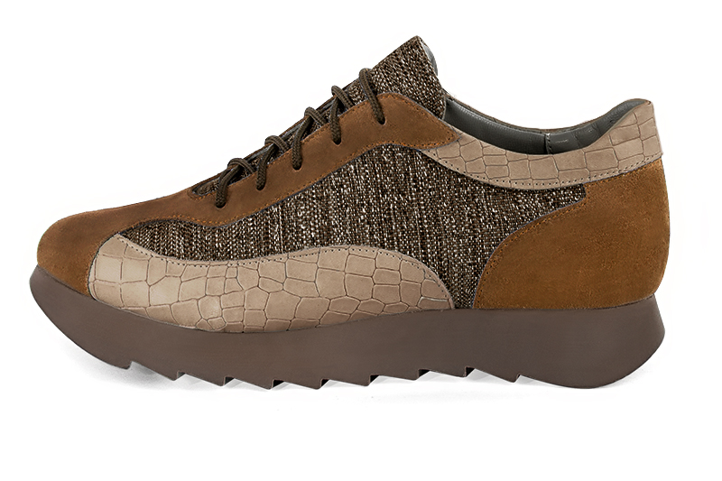 Caramel brown and tan beige women's three-tone elegant sneakers. Round toe. Low rubber soles. Profile view - Florence KOOIJMAN